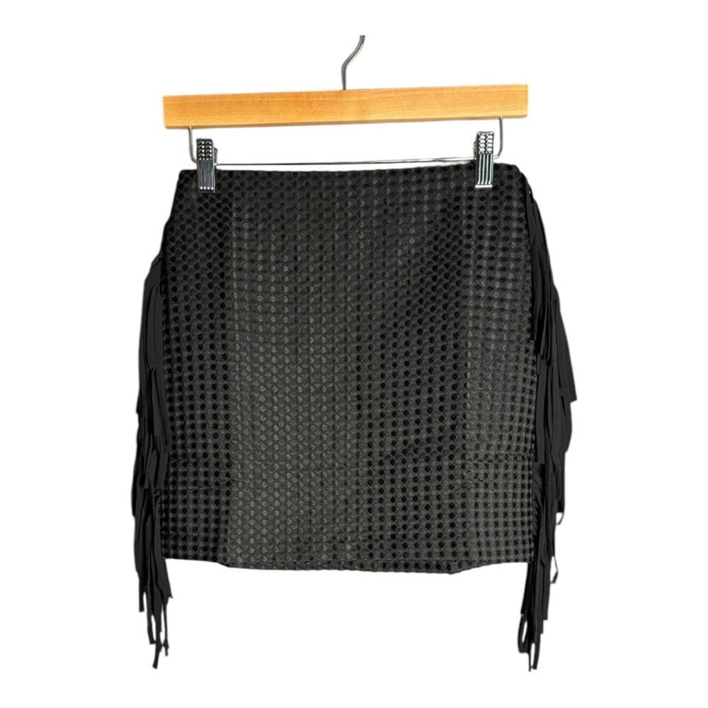 English Factory Black Mini Skirt Side Fringe & Zippered Back Small